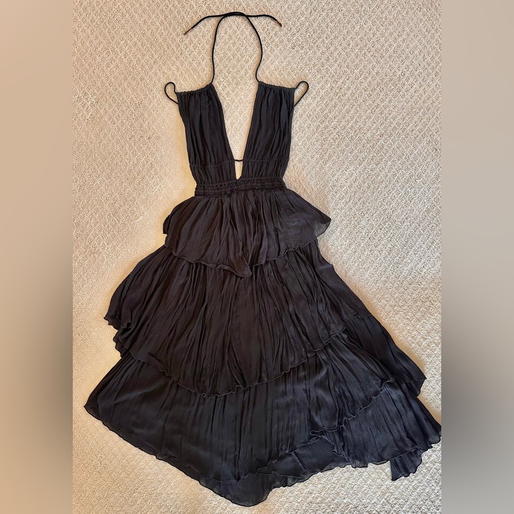 Free People Black Boho Maxi Dress Smocked Waist Short Sleeve Size S - Picture 3 of 8